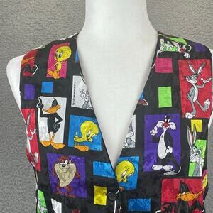 VTG Looney Tunes Womens Vest 1994 OS Multi-Color Bugs Bunny Tweety Friends Black